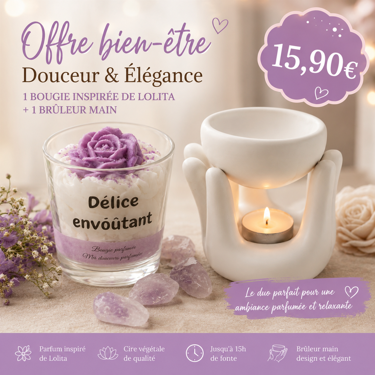 Bougie parfumée inspirée de Lolita + Brûleur Main – Offre Duo