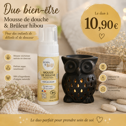 Duo Mousse de douche Argan + Brûleur Hibou – Offre Duo