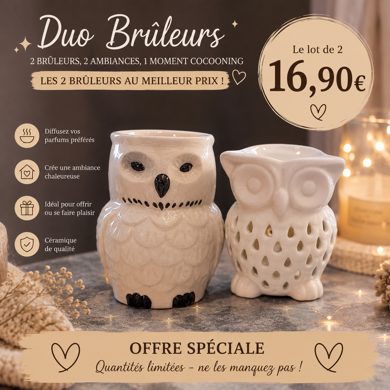 Lot de 2 brûleurs hibou et chouette – Offre Duo