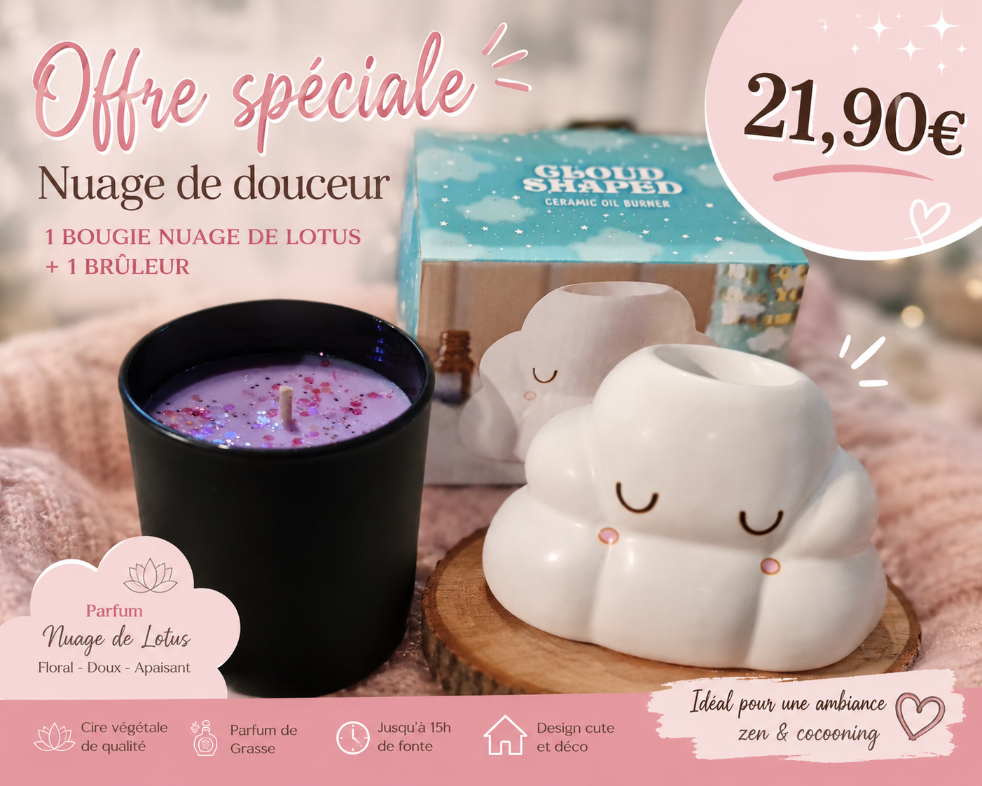 Bougie parfumée Nuage de Lotus + Brûleur Nuage – Offre Duo